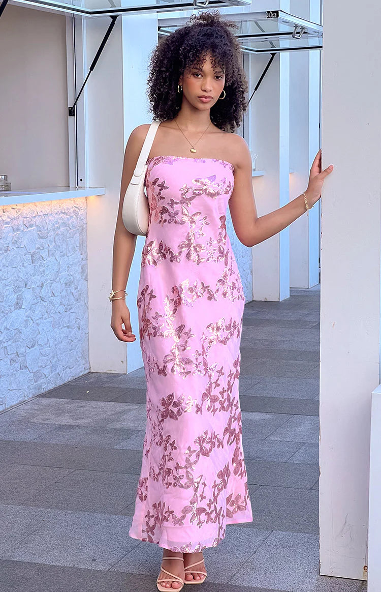Tari Pink Butterfly Sequin Maxi Dress - US 6