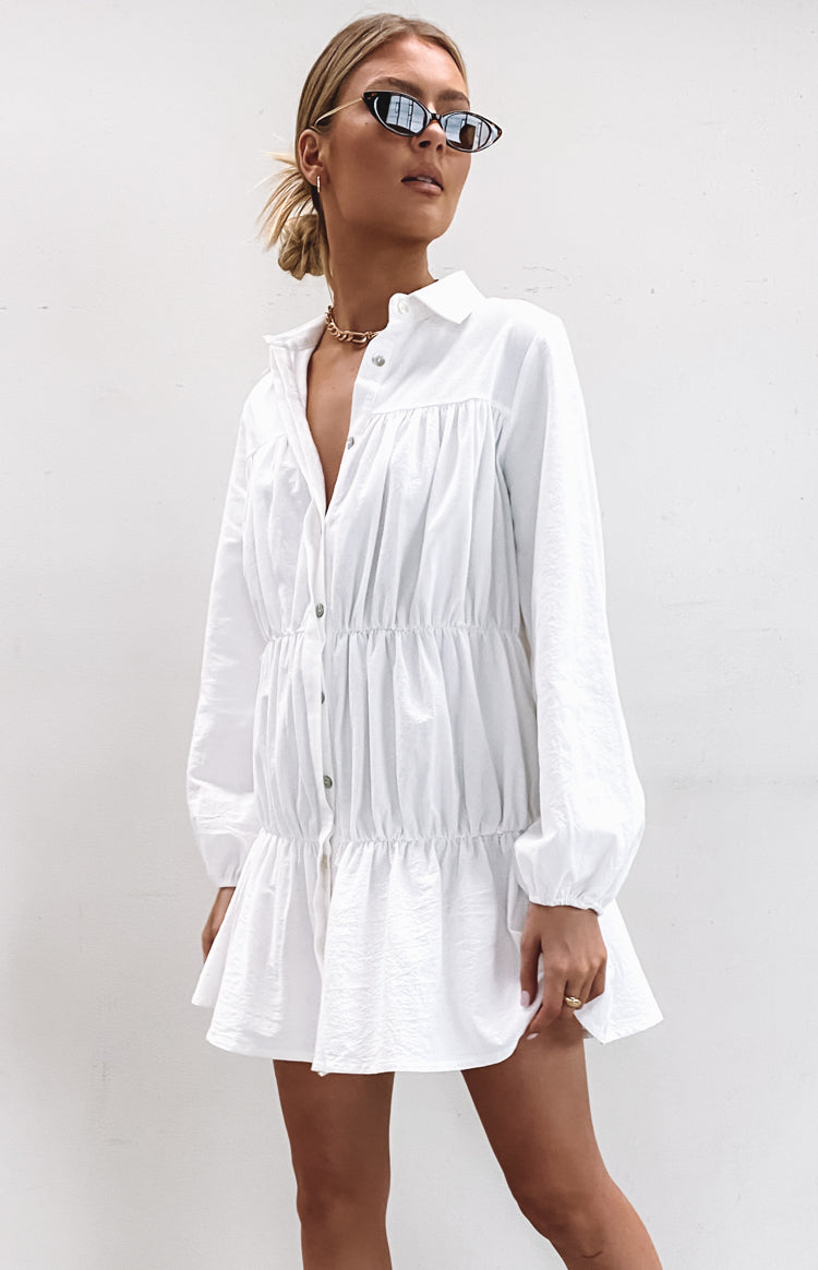 Theodossia Tiered Long Sleeve Dress White | Beginning Boutique US