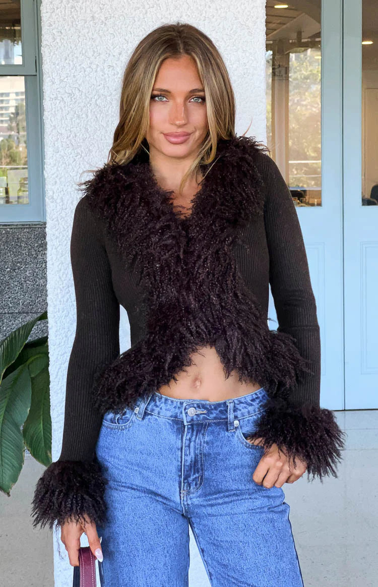 Violetta Chocolate Fur Trim Knit Cardigan | Beginning Boutique US