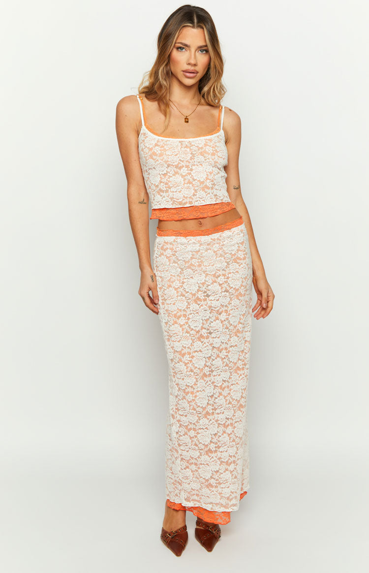 Willow Orange Contrast Lace Midi Skirt Image
