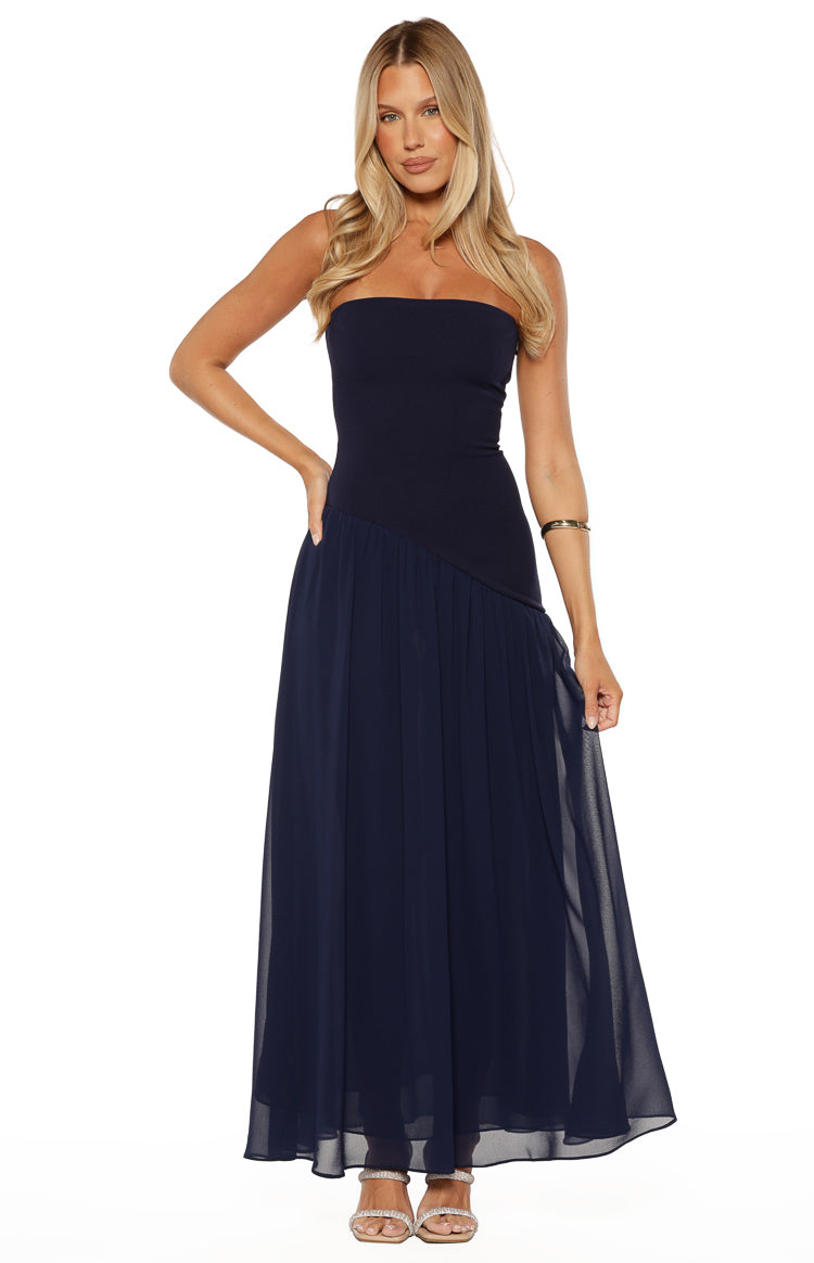 flowy navy blue dress Zelia Strapless Maxi - US 0 rtw 2026 08 fall 1 Discount Christmas & Holiday Size:19.5 36/37 Finished with an invisible