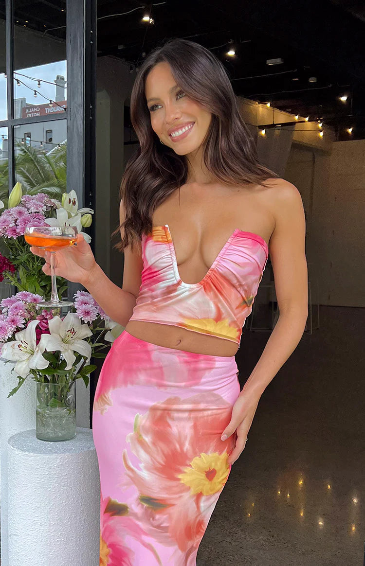Esha Pink Floral Strapless Crop Top | Beginning Boutique US