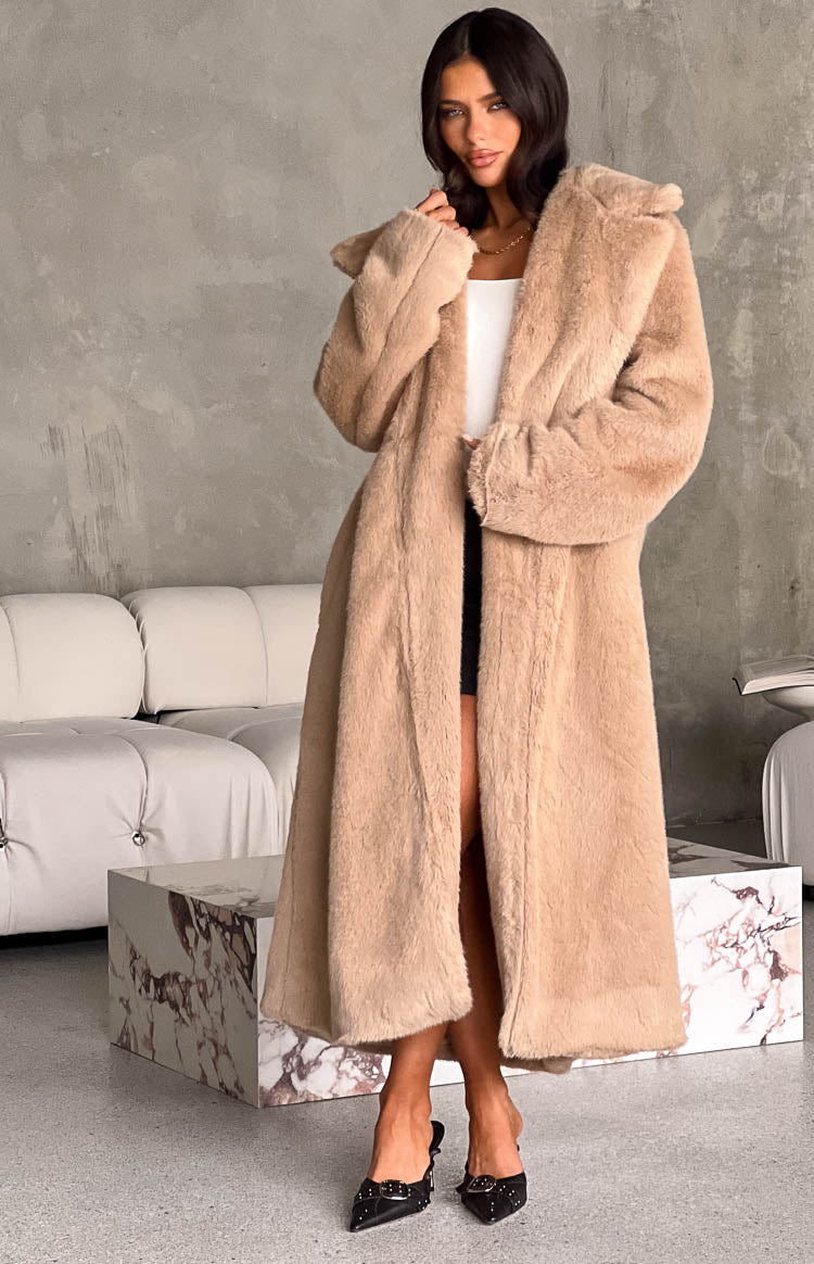 Mink Coat Cream Fur Long Coat Premium Faux Fur Collar Long Winter