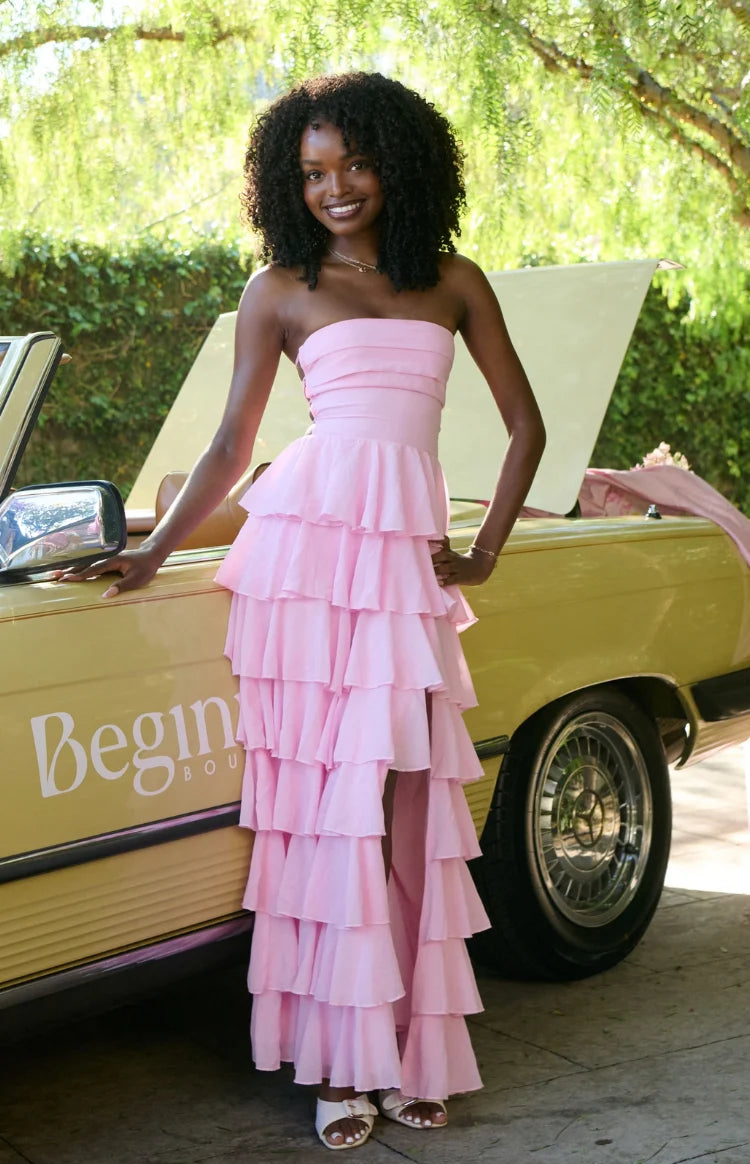 Kim Pink Strapless Ruffle Maxi Dress - US 14
