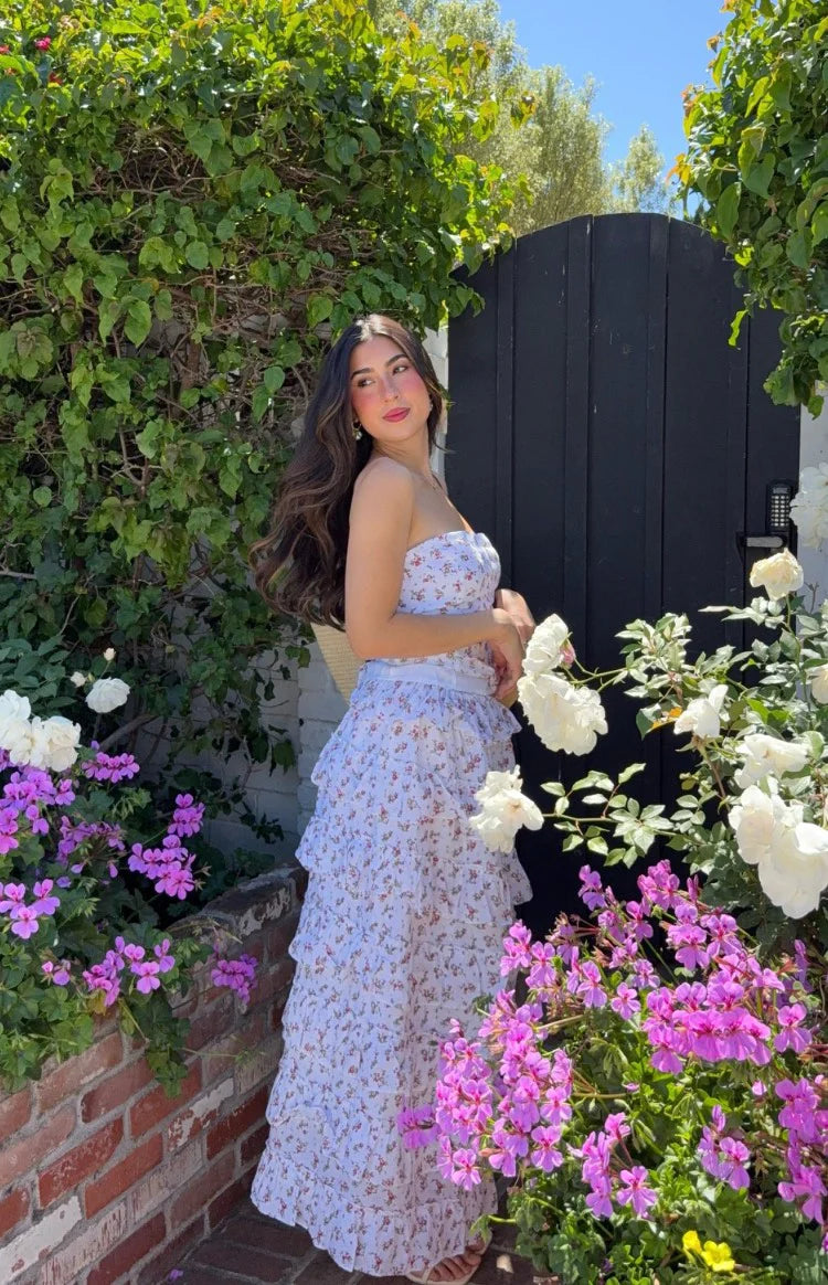 white dress with purple flowers Paisley White Floral Ruffle Maxi Skirt