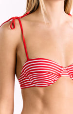 Front view of a red and white stripe bandeau bikini top with underwire cups and tie-up straps