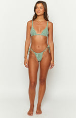 Green and white striped bikini bottoms with adjustable tie sides and high-cut leg