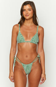 Front view of green and white striped bikini bottoms with thin double tie sides and a V-cut front
