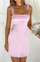 Beginning Boutique Akira Tall Fit Pink Tie Mini Dress pink satin square neck mini dress with tie shoulders and fitted bodice