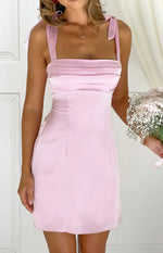 Pink satin mini dress with tie shoulder straps and a gathered square neckline