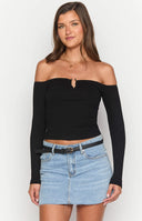 Beginning Boutique Anabel Black Long Sleeve Top black ribbed knit off-shoulder long sleeve top with sweetheart neckline and front cutout