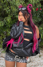 Beginning Boutique Abbi PU Black Bomber Jacket black PU oversized bomber jacket with zip front and fringe detail