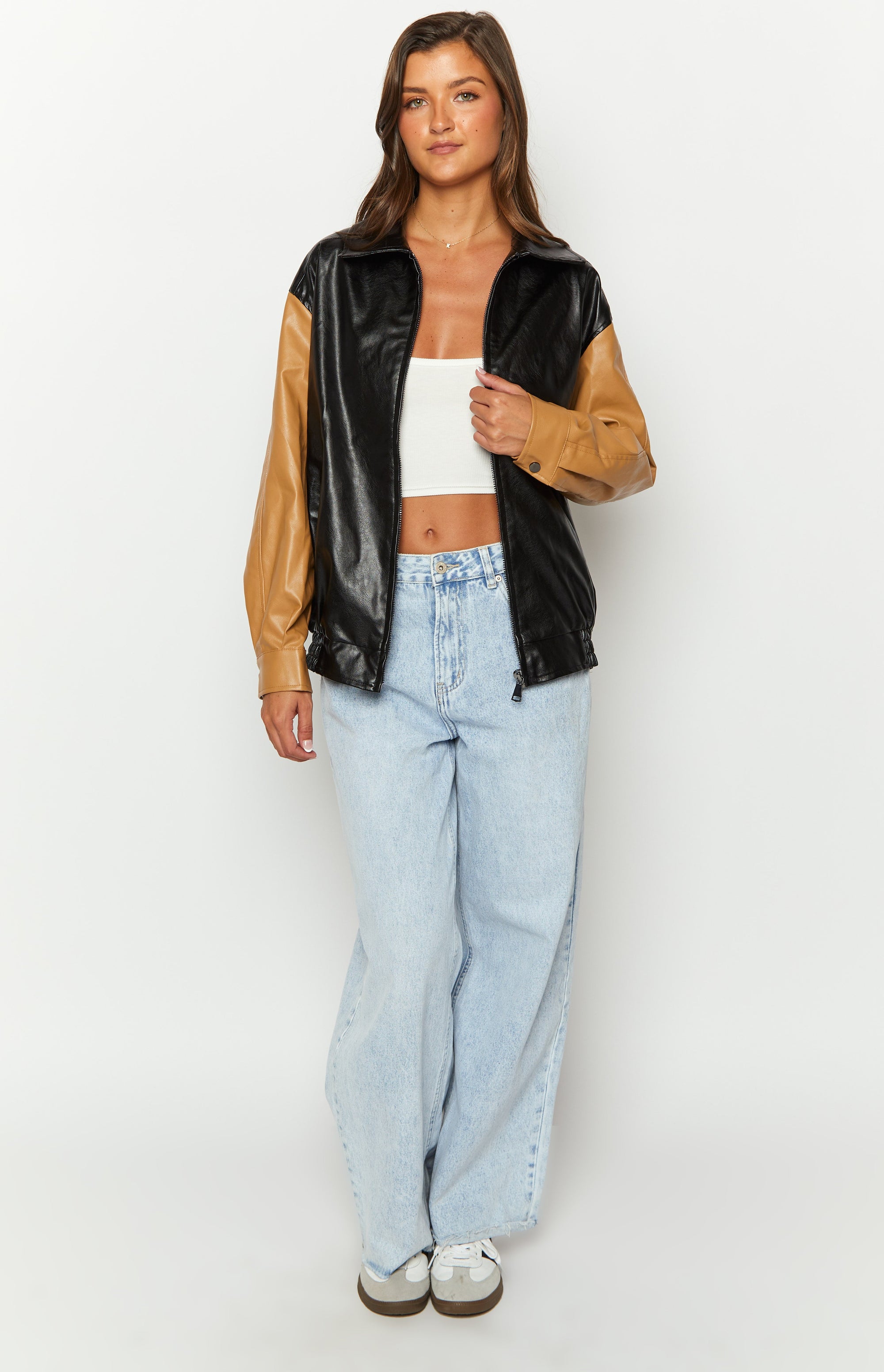 Abbi PU Black And Brown Contrast Bomber Jacket – Beginning Boutique US
