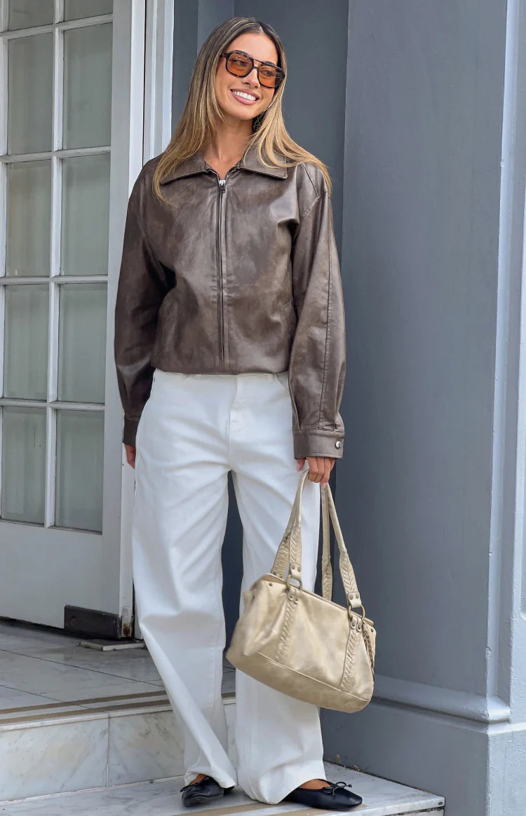 Abbi Pu Vintage Brown Bomber Jacket | Beginning Boutique US