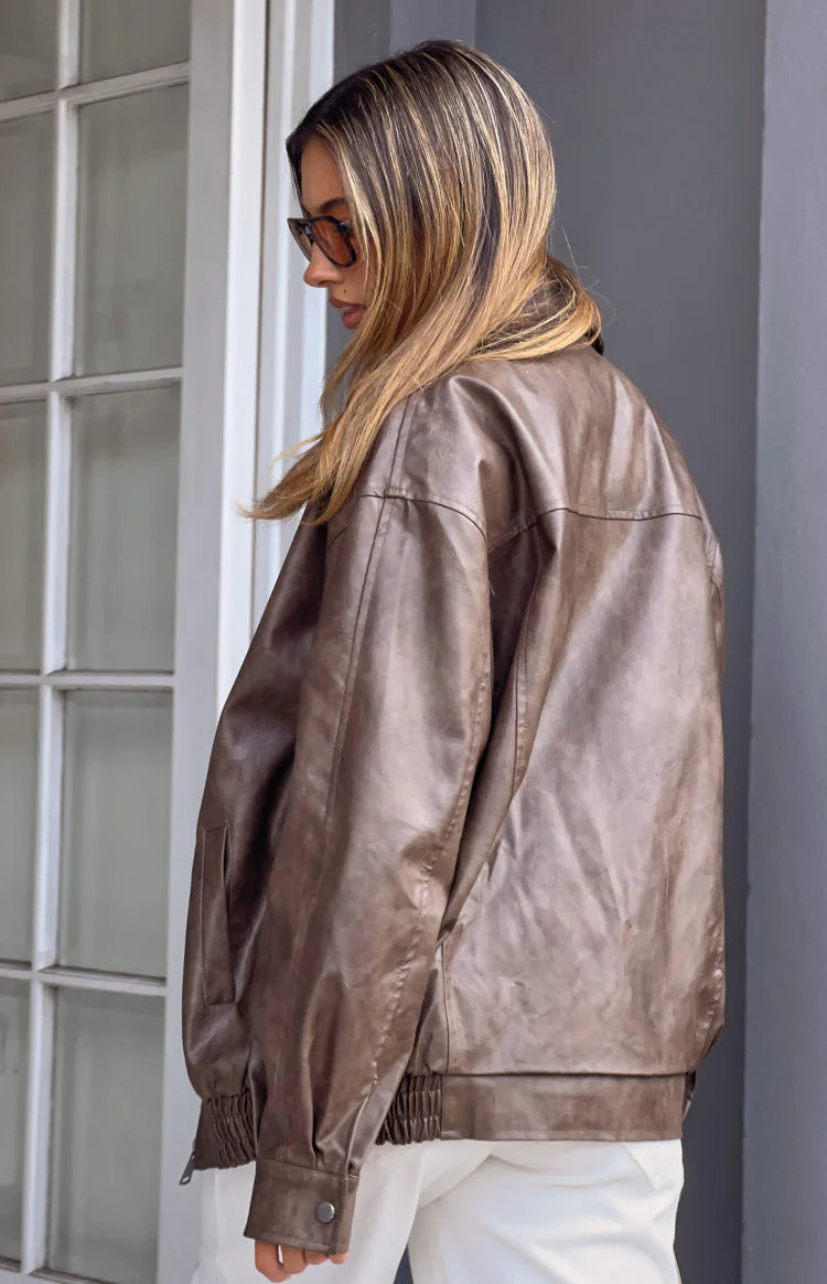 Abbi Pu Vintage Brown Bomber Jacket | Beginning Boutique US