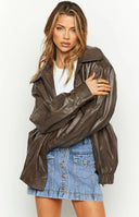 Vintage brown PU bomber jacket with a pointed collar, relaxed fit, and partially open zipper