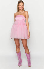 Pink strapless mini dress with a satin bodice and a tiered tulle skirt