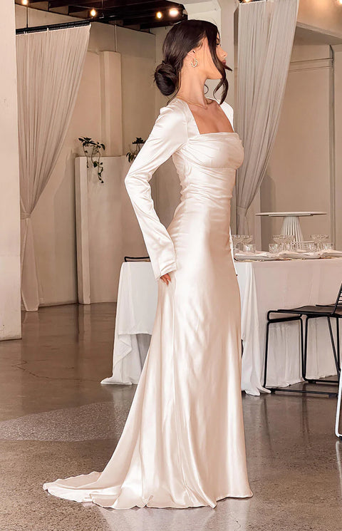slim fit dress slacks Addina Cream Long Sleeve Maxi Dress - US 18