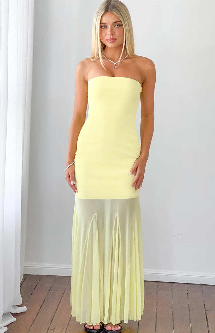 Adria Yellow Strapless Asymmetrical Formal Maxi Dress