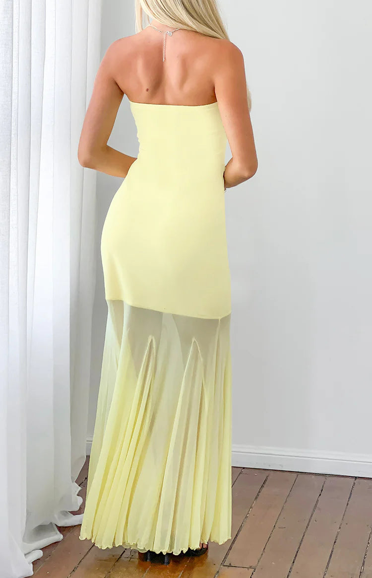 Adria Yellow Strapless Asymmetrical Formal Maxi Dress