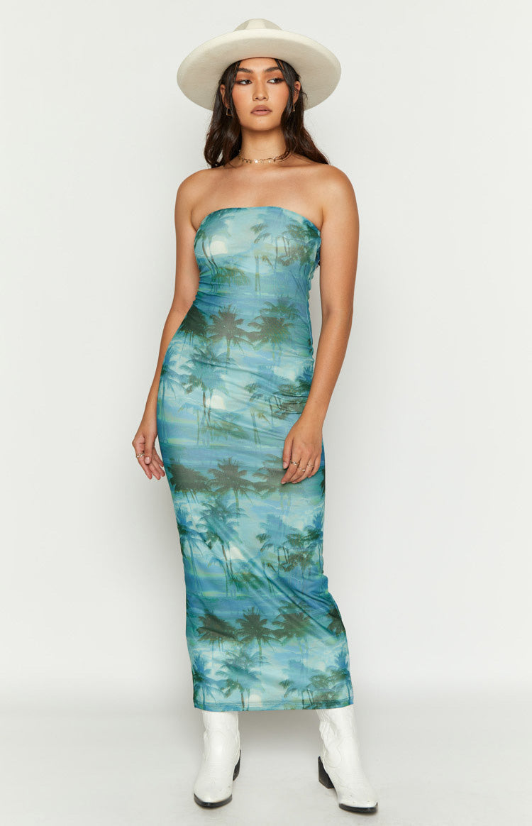 Adriana Blue Print Strapless Maxi Mesh Dress Image