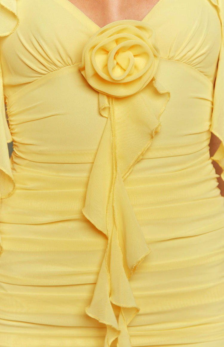 Aella Yellow Ruffle Mini Dress - US 2 | Beginning Boutique Exclusive Aella Yellow Ruffle Mini Dress - US 2 | Beginning Boutique Exclusive