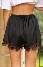 Agnes Black Lace Trim Satin Shorts