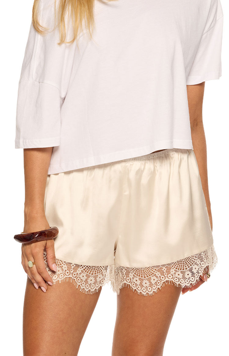 Agnes Cream Satin Lace Shorts | Beginning Boutique US