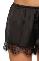 Agnes Black Lace Trim Satin Shorts Image