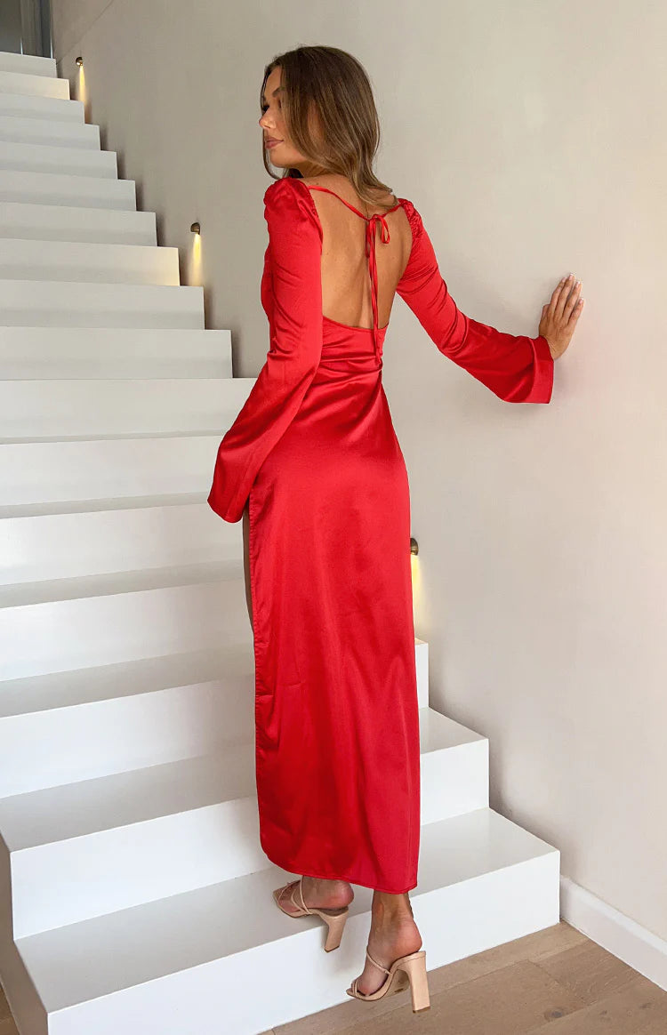 Airlea Red Satin Asymmetric Maxi Dress - US 14 | Beginning Boutique exclusive Airlea Red Satin Asymmetric Maxi Dress - US 14 | Beginning Boutique exclusive