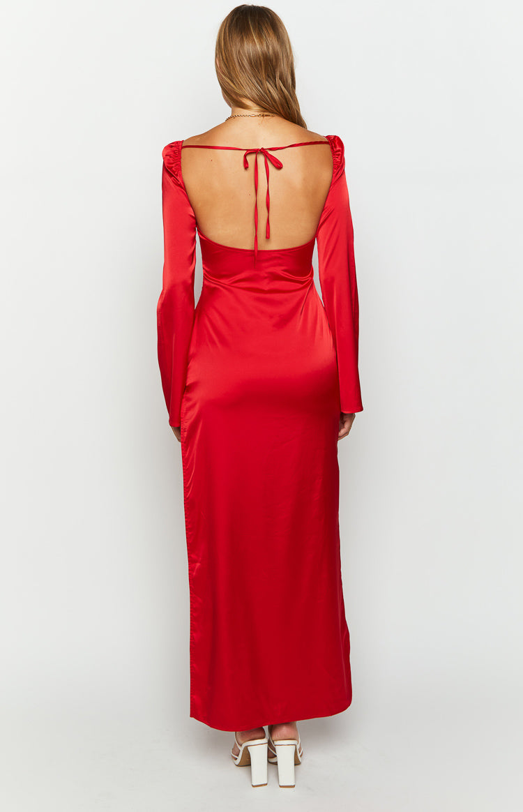 Rear view of a red satin maxi dress with a low scoop back and tie-back detail