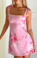 Beginning Boutique Akira Pink Floral Chiffon Tie Mini Dress pink floral chiffon mini with tie shoulders square neckline and r
