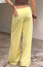 Rear view of yellow wide-leg pants with a wide, flat waistband and relaxed fit