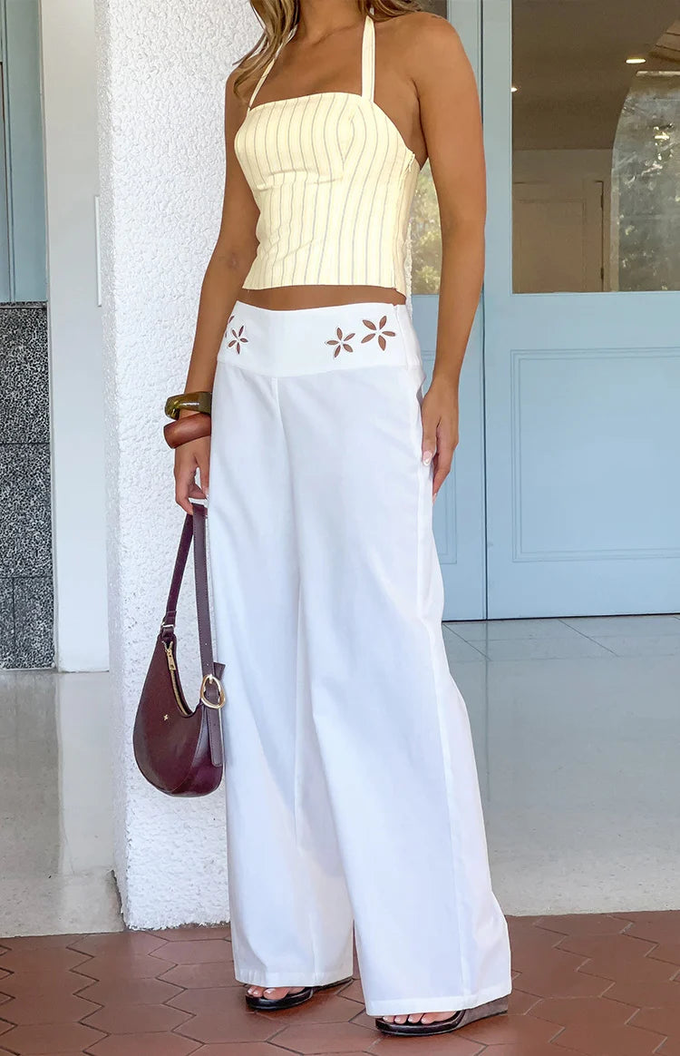 パンツ bajra UNISEX FRONT FLAP STRETCH PANTS Alamara White Floral Detail Wide Leg Pants | Beginning Boutique US