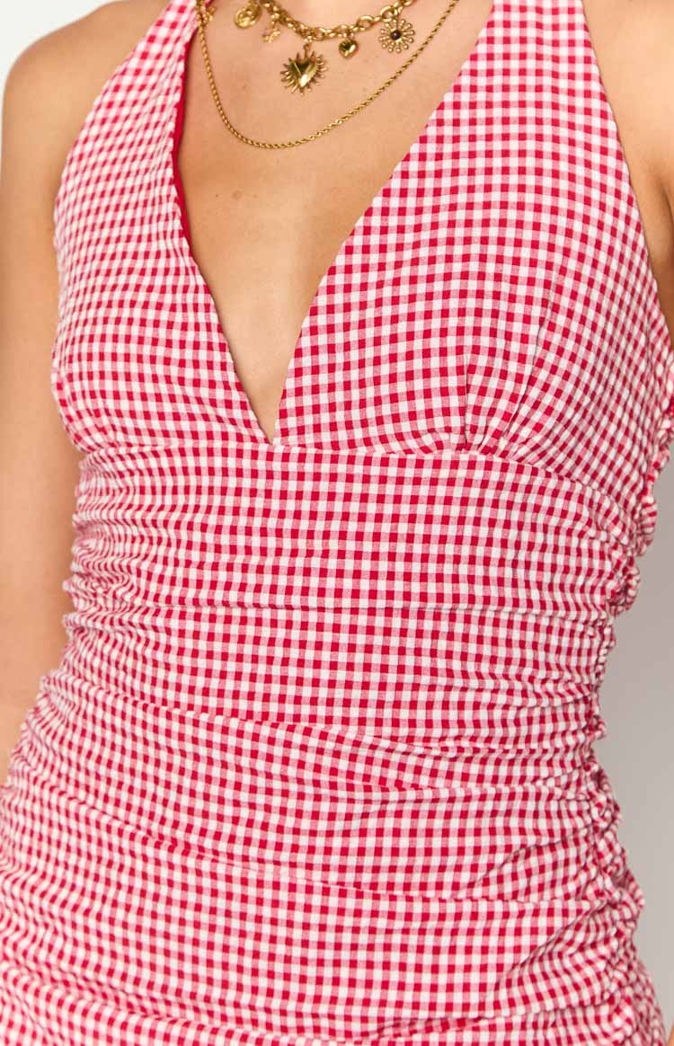 alana ruffle tiered plaid mini dress Alan Red Gingham Halter Mini Dress - 6