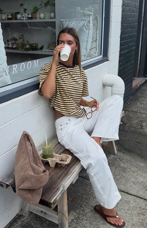 Beginning Boutique Alba Yellow Stripe Oversized Tee yellow and black stripe oversized tee with a crew neck and short sleeves