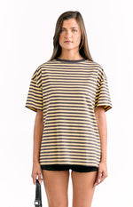 Yellow and black horizontal stripe oversized tee with a relaxed, boxy fit and wide short sleeves