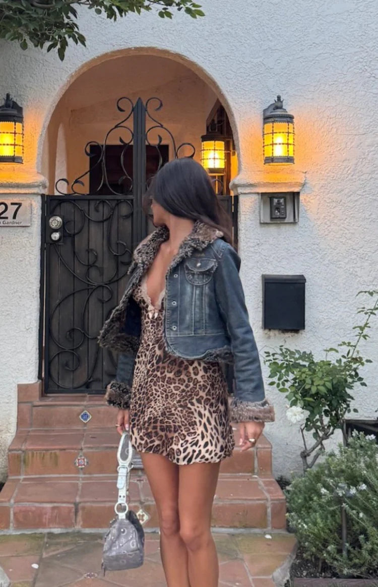 leopard print dress mini Strappy Lace Trim Cupped Mini Bodycon Dress In Brown Leopard Print Satin | EGO US