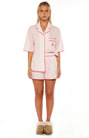 Beginning Boutique Alexea Pink Stripe Pajama Shorts pink and white stripe cotton pajama shorts with red piping