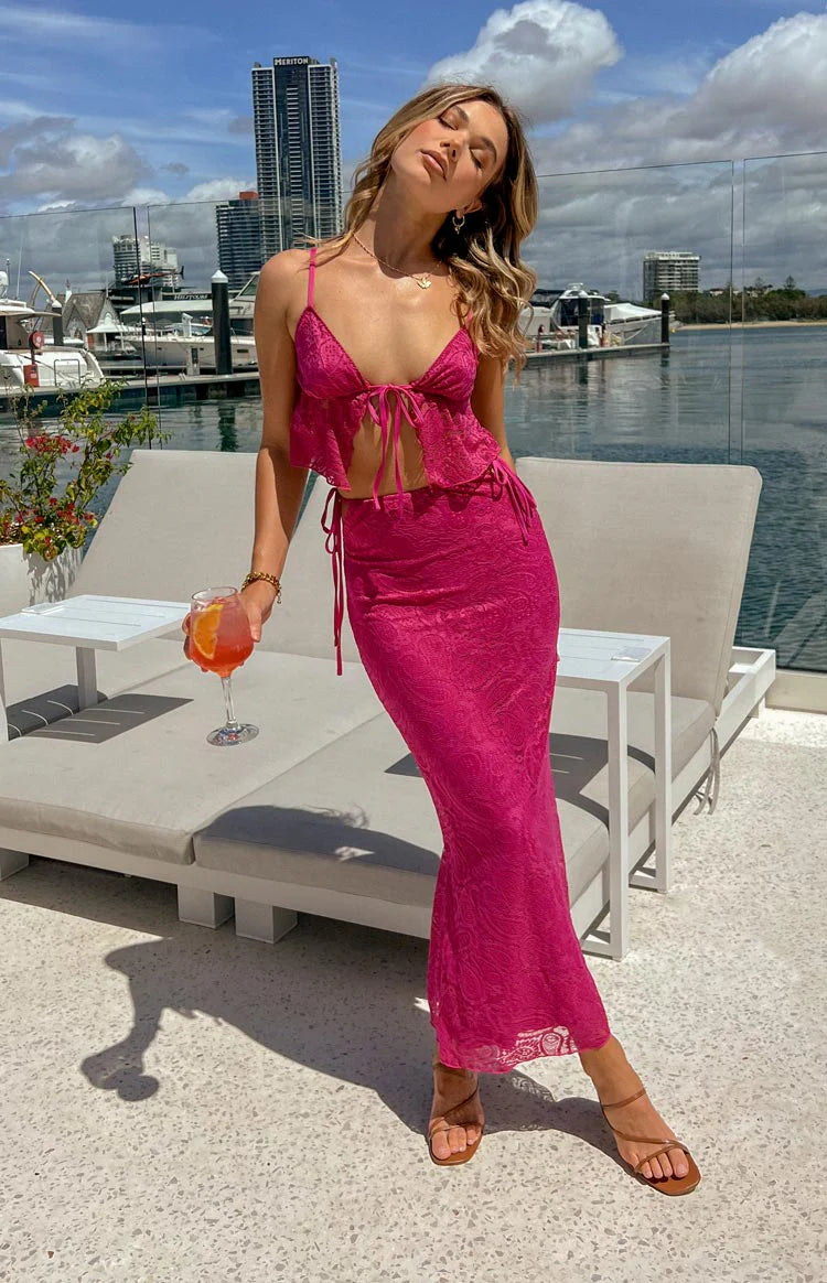 Alexia Fuschia Lace Tie Up Maxi Skirt - US 10