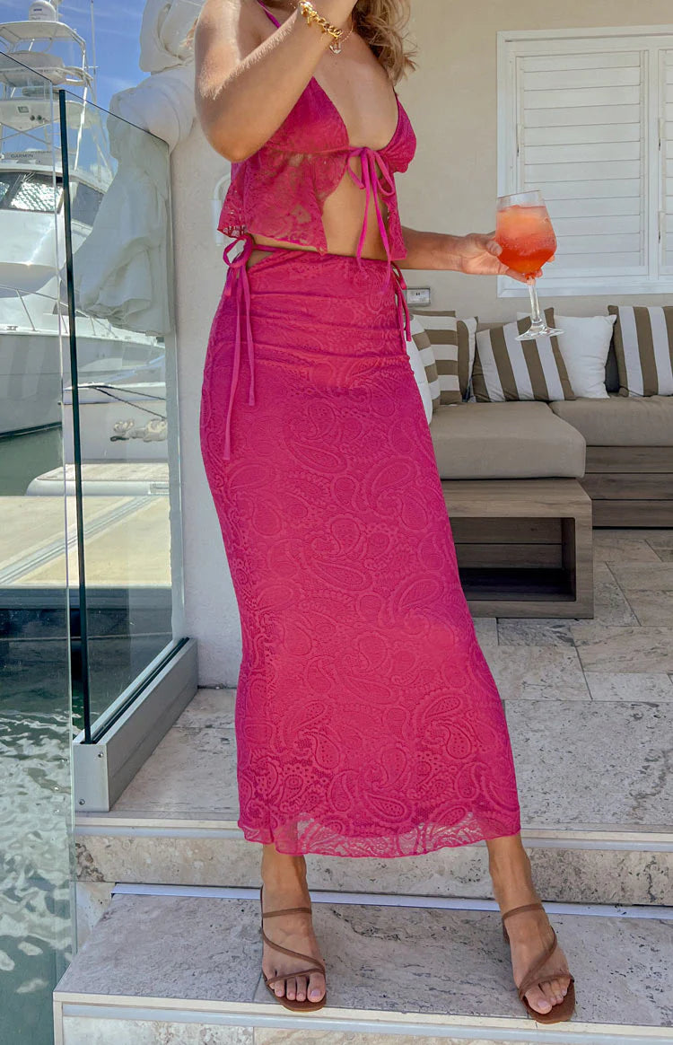 Alexia Fuschia Lace Tie Up Maxi Skirt | Beginning Boutique US