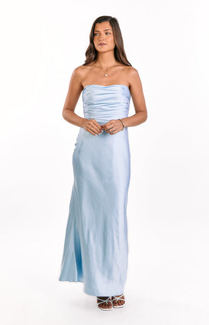 Beginning Boutique Alexia Blue Strapless Maxi Dress light blue satin strapless maxi dress with a ruched bodice and flowy skirt