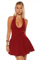 Beginning Boutique Alice Burgundy Halter Neck Mini Dress burgundy halter neck deep V-neck fitted bodice pleated mini dress
