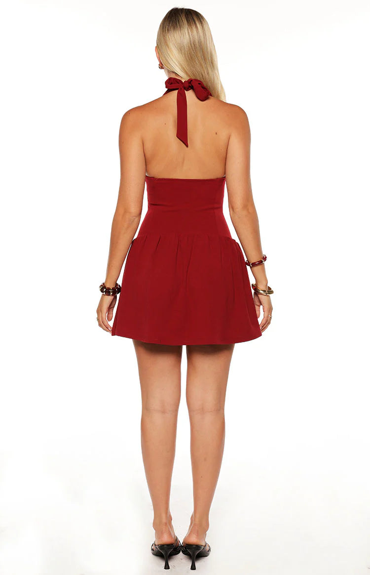 slim fit dress slacks Burgundy Halter Scarf Mini Dress S main image 1