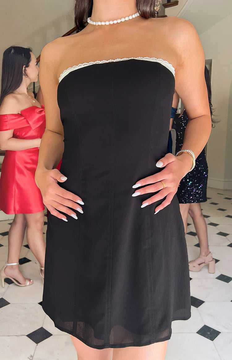 Alina Black Strapless Chiffon Mini Dress - US 12 | Beginning Boutique Exclusive Alina Black Strapless Chiffon Mini Dress - US 12 | Beginning Boutique Exclusive