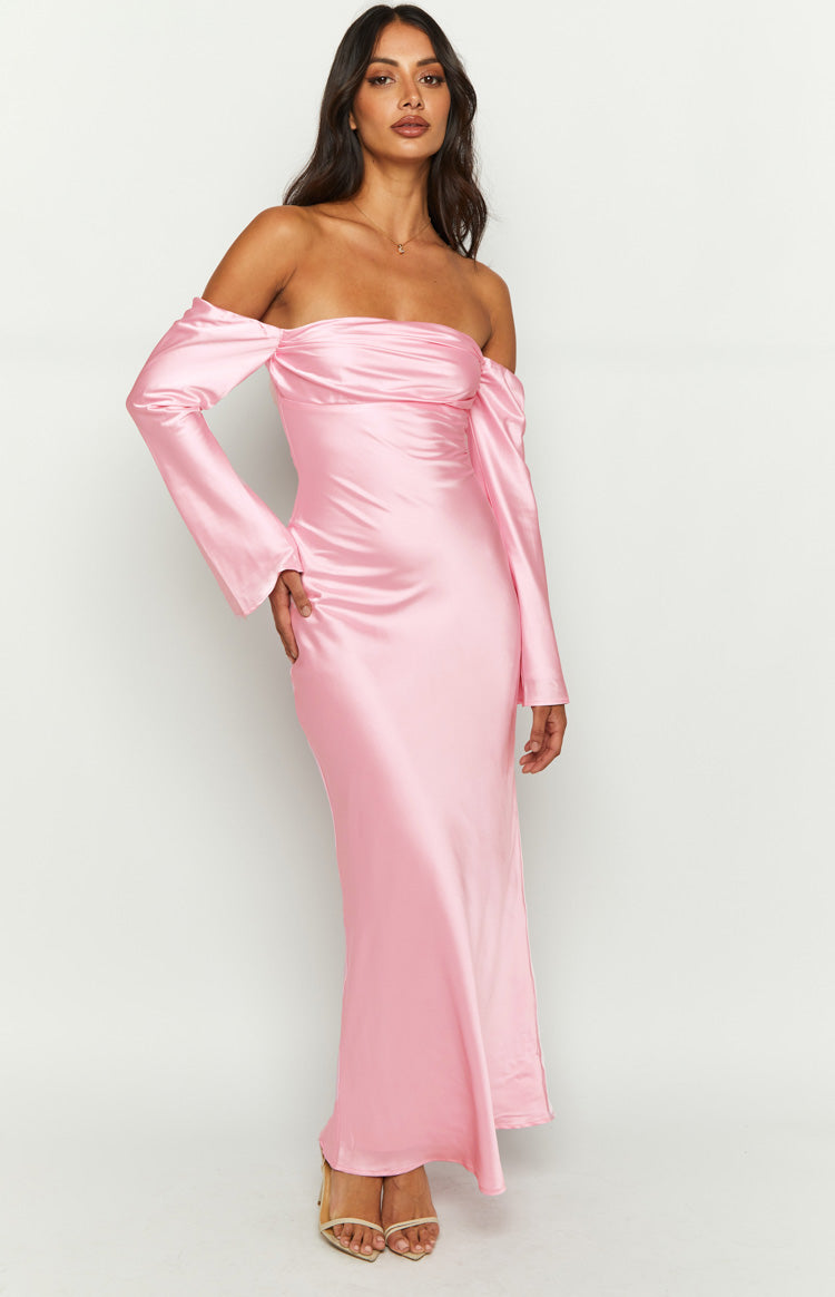 Alita Baby Pink Off The Shoulder Long Sleeve Maxi Formal Dress Image