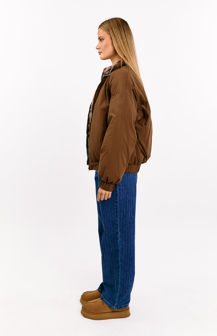 All I Wanted Brown Plaid Puffer Jacket Image
