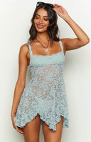 Beginning Boutique All Mine Blue Lace Mini Dress light blue sheer floral lace babydoll mini dress with scalloped sweetheart neckline and ruffled hem