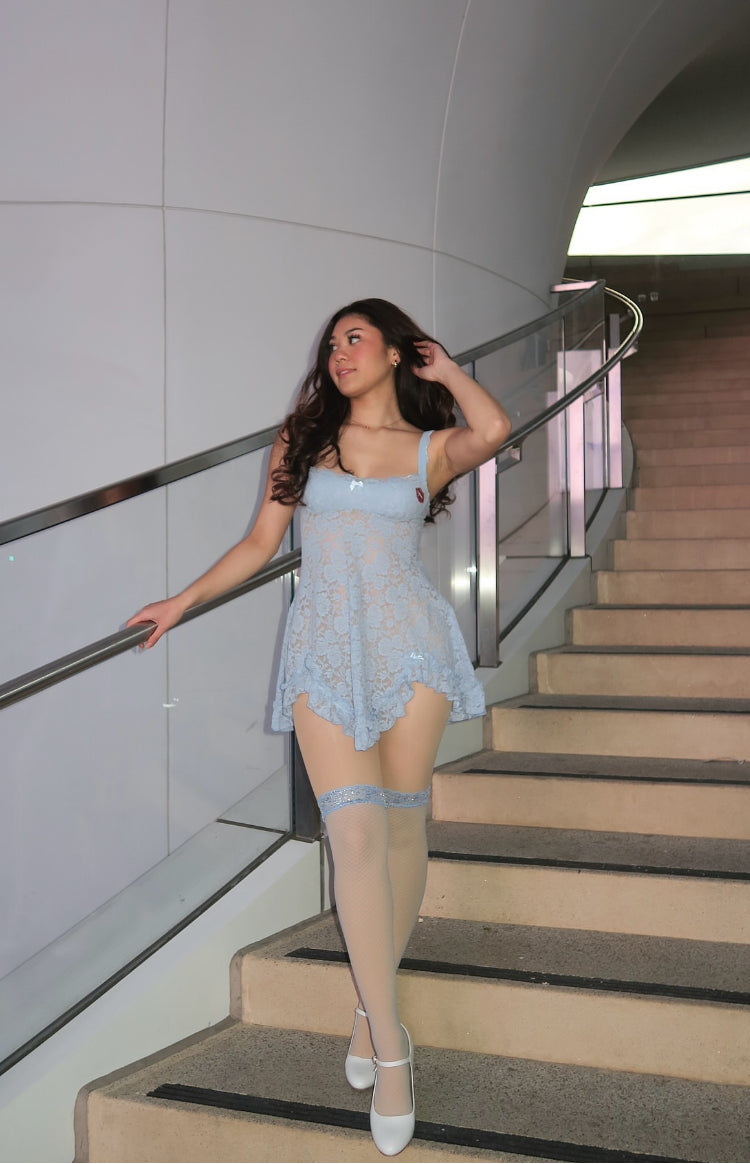 Beginning Boutique All Mine Blue Lace Mini Dress light blue sheer floral lace babydoll mini dress with scalloped sweetheart neckline and ruffled hem