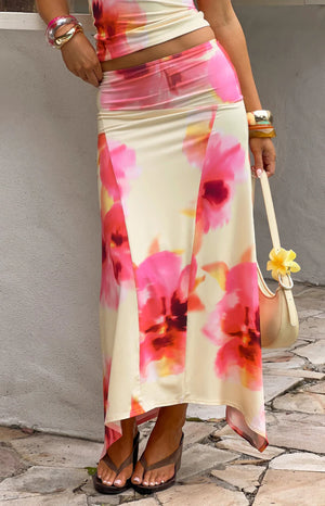 Alora Yellow and Pink Floral Print Hanky Hem Maxi Skirt